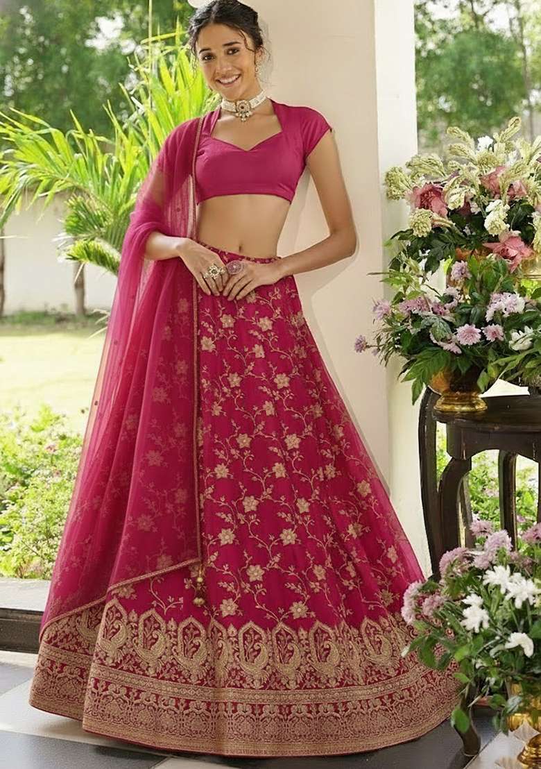 Rani Pink Zari Tissue Lehenga Set - Indya