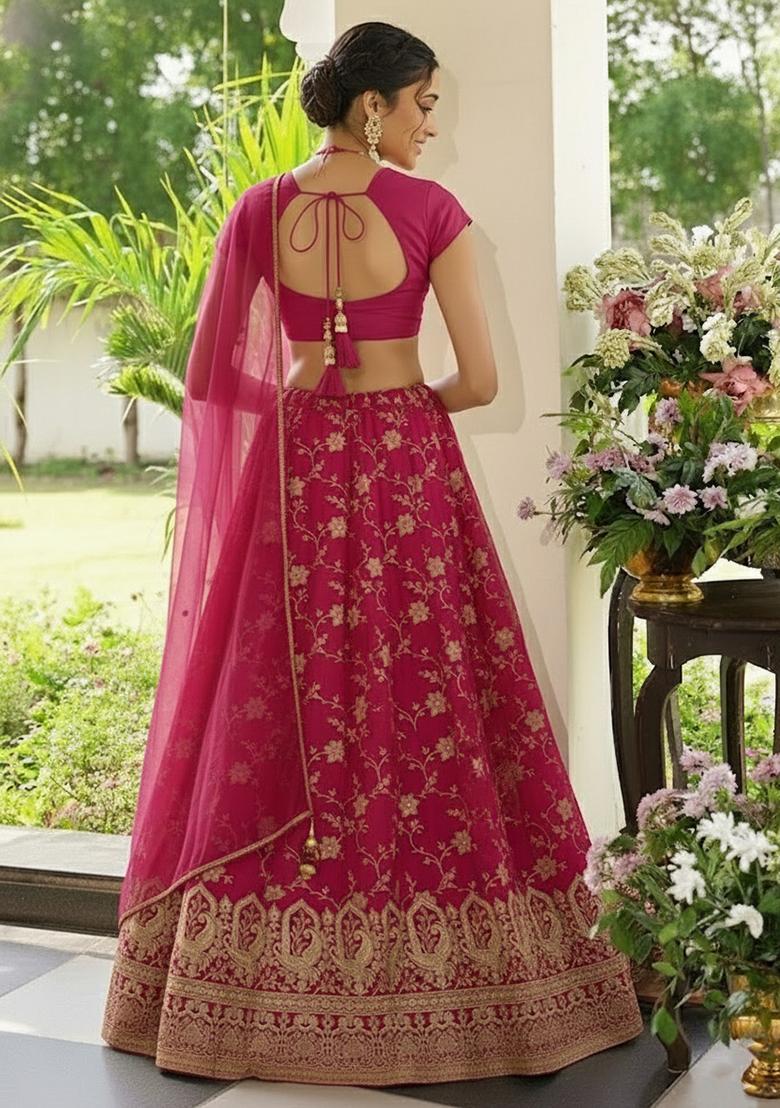 Rani Pink Zari Tissue Lehenga Set - Indya