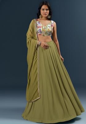 Olive Green Figure Print Chinon Lehenga Set