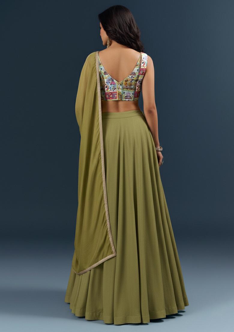 Olive Green Figure Print Chinon Lehenga Set - Indya