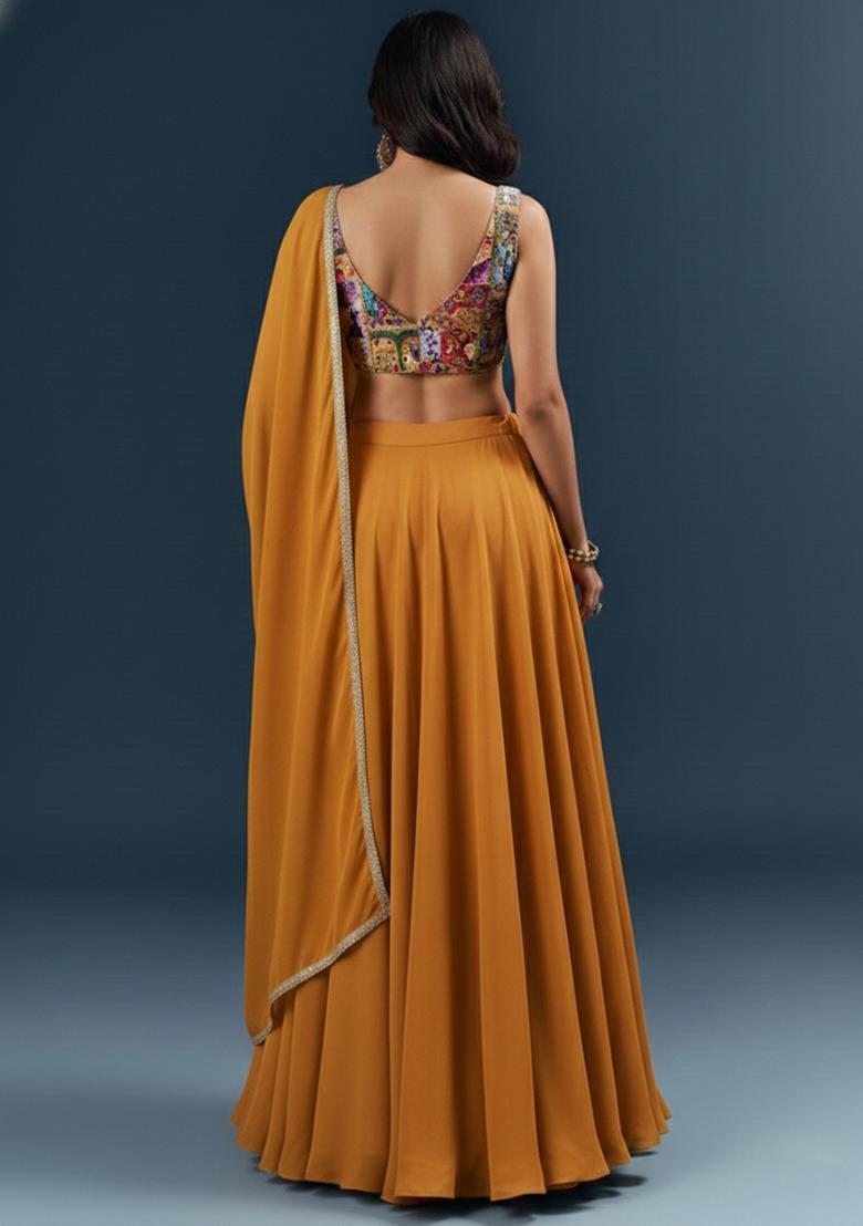 Mustard Yellow Figure Print Chinon Lehenga Set - Indya