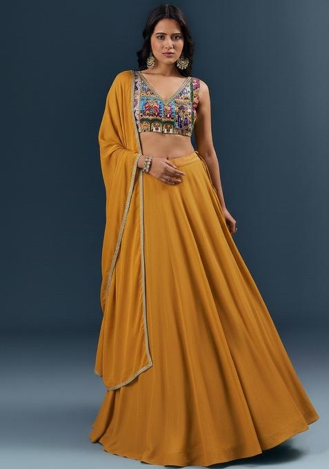 Mustard Yellow Figure Print Chinon Lehenga Set