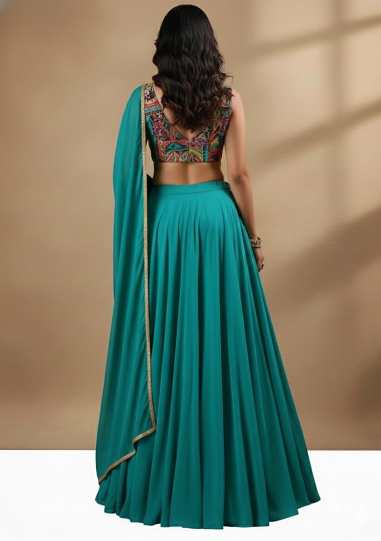 Teal Blue Figure Print Lehenga Set - Indya