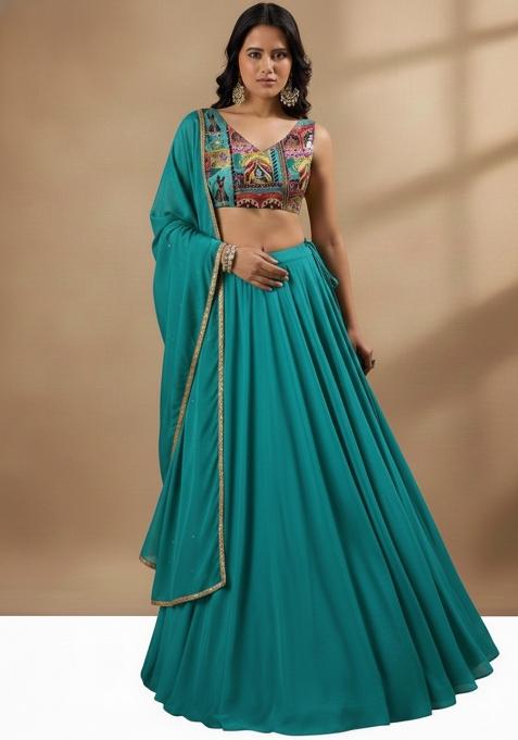 Teal Blue Figure Print Lehenga Set — view on Indya