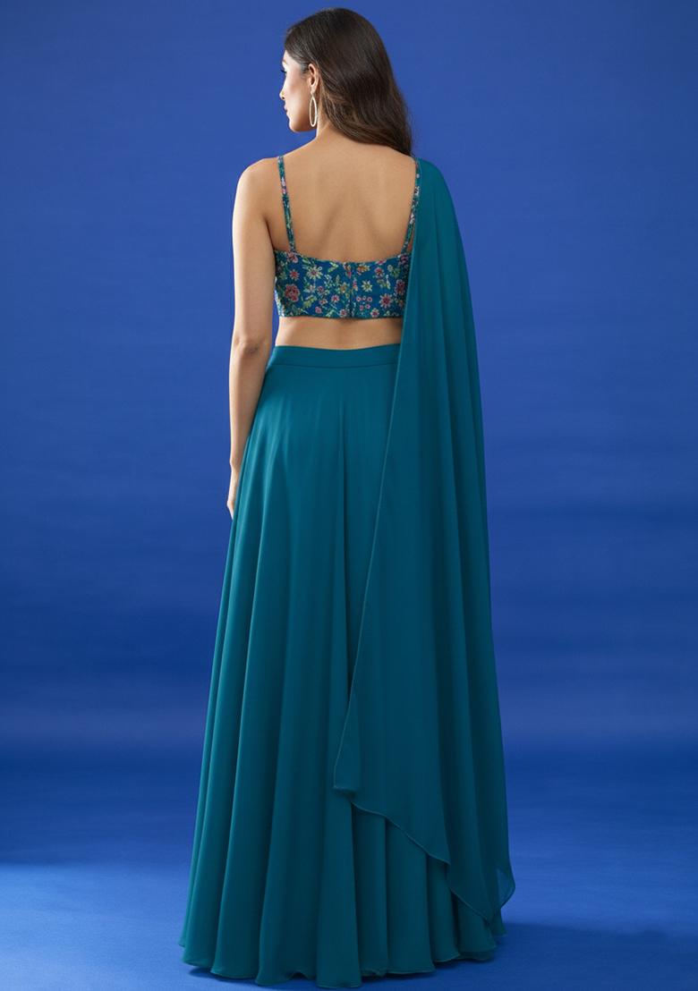 Teal Blue Floral Print Chinon Lehenga Set - Indya