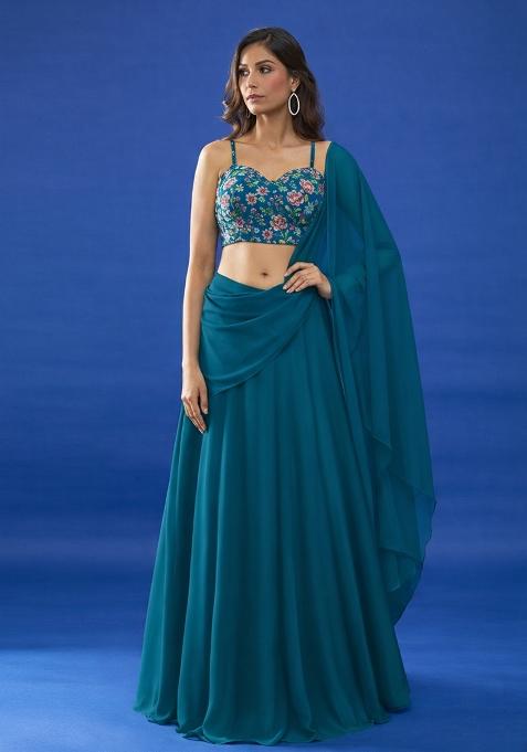 Teal Blue Floral Print Chinon Lehenga Set