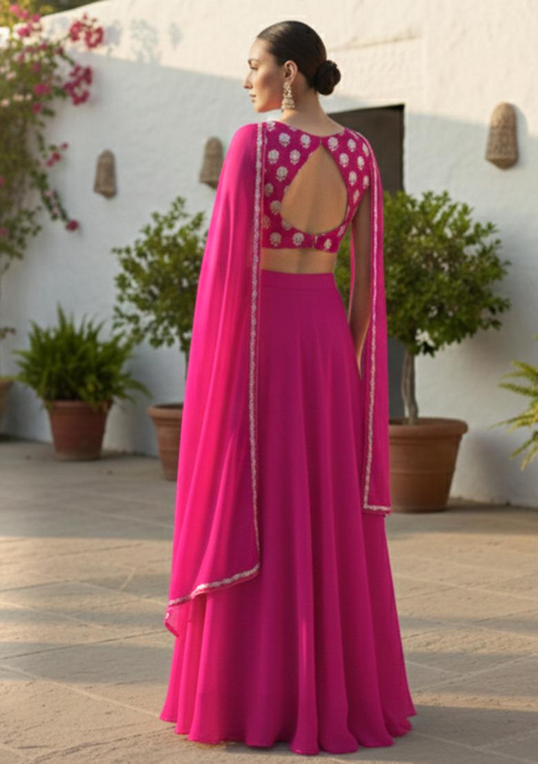 Rani Pink Embroidered Georgette Lehenga Set - Indya