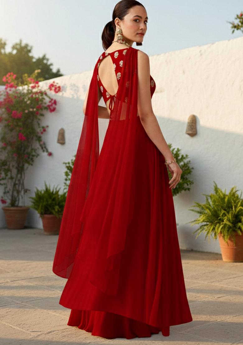 Red Embroidered Georgette Lehenga Set - Indya