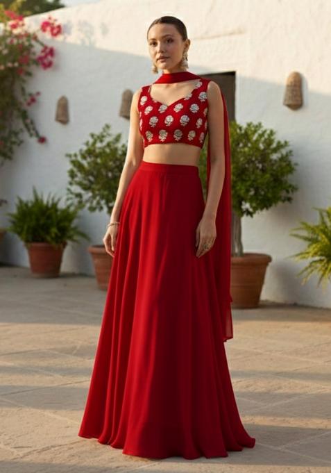 Red Embroidered Georgette Lehenga Set