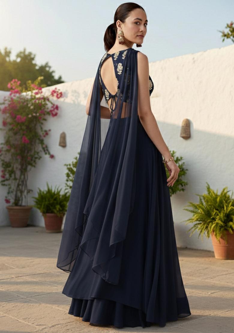 Navy Blue Embroidered Georgette Lehenga Set - Indya