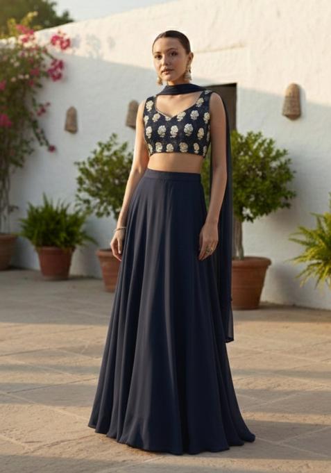 Navy Blue Embroidered Georgette Lehenga Set