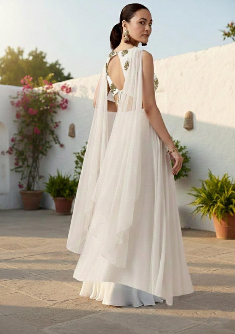 White Embroidered Georgette Lehenga Set - Indya