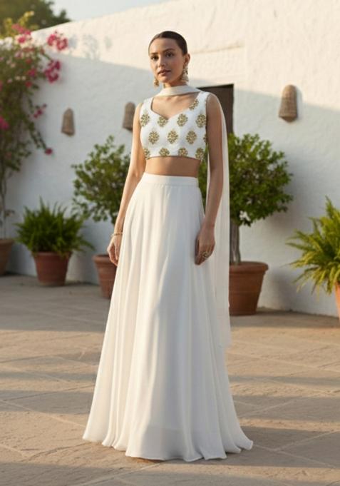 White Embroidered Georgette Lehenga Set