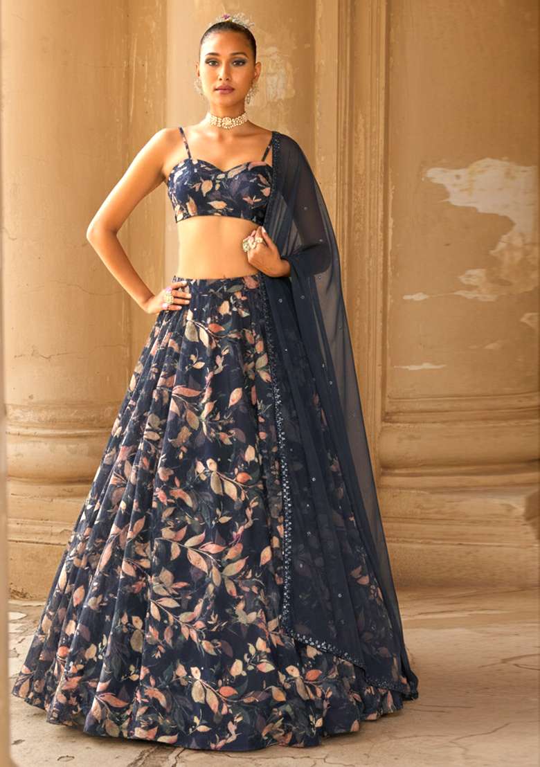 Navy Blue Floral Print Georgette Lehenga Set - Indya
