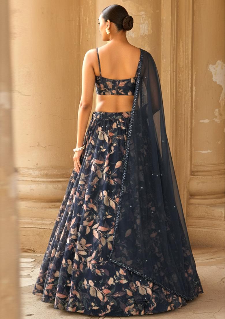 Navy Blue Floral Print Georgette Lehenga Set - Indya
