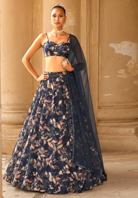 Navy Blue Floral Print Georgette Lehenga Set