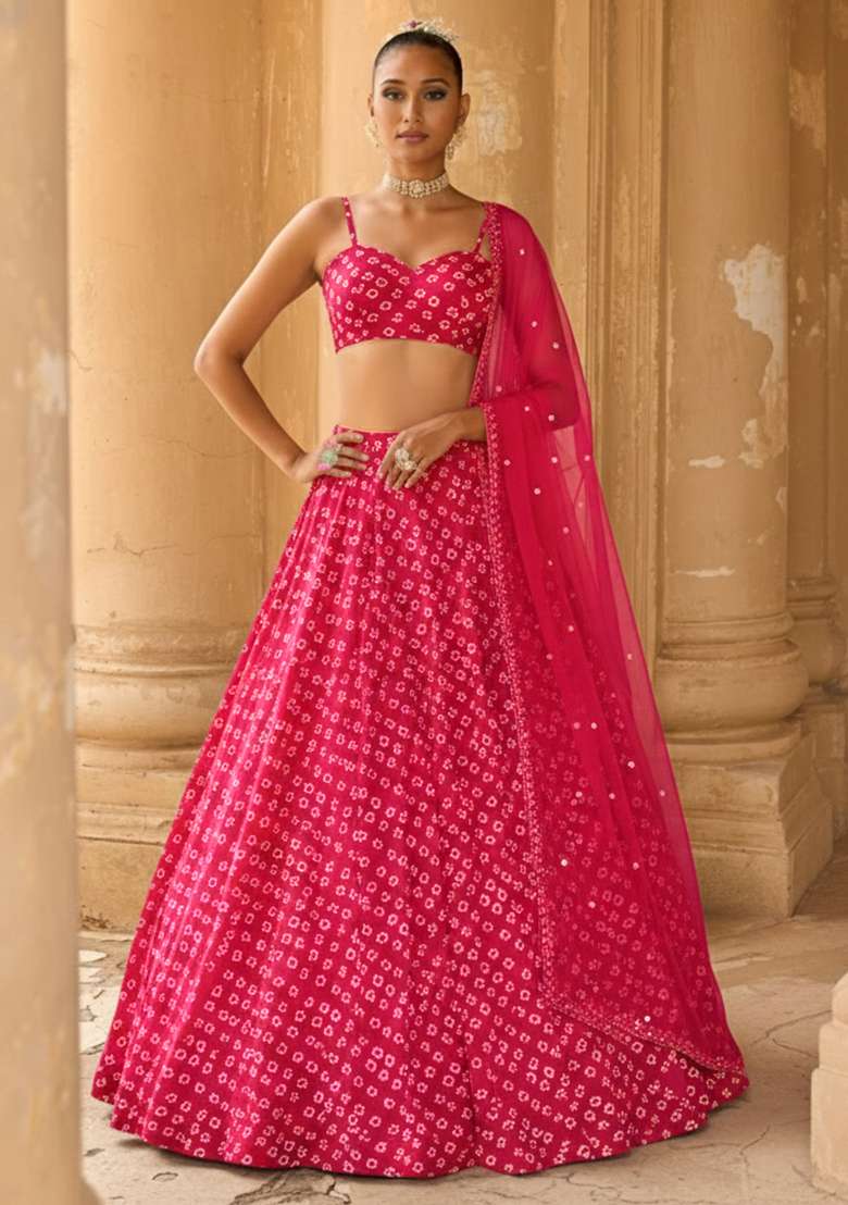 Pink Bandhani Print Georgette Lehenga Set - Indya