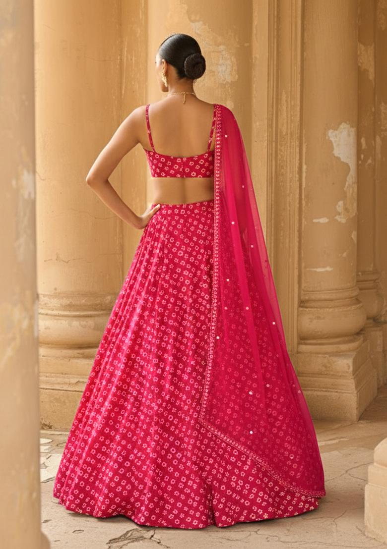 Pink Bandhani Print Georgette Lehenga Set - Indya