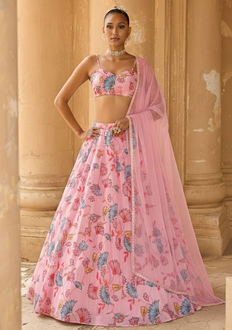 Soft Pink Floral Print Georgette Lehenga Set - Indya