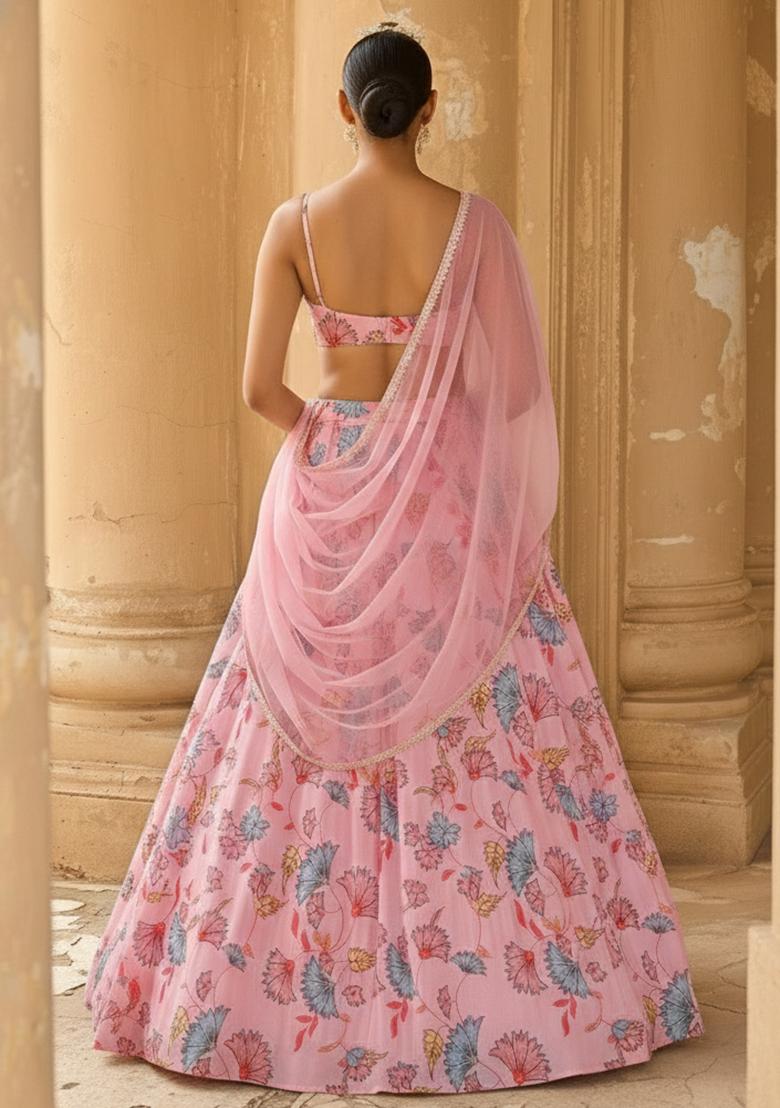 Soft Pink Floral Print Georgette Lehenga Set - Indya