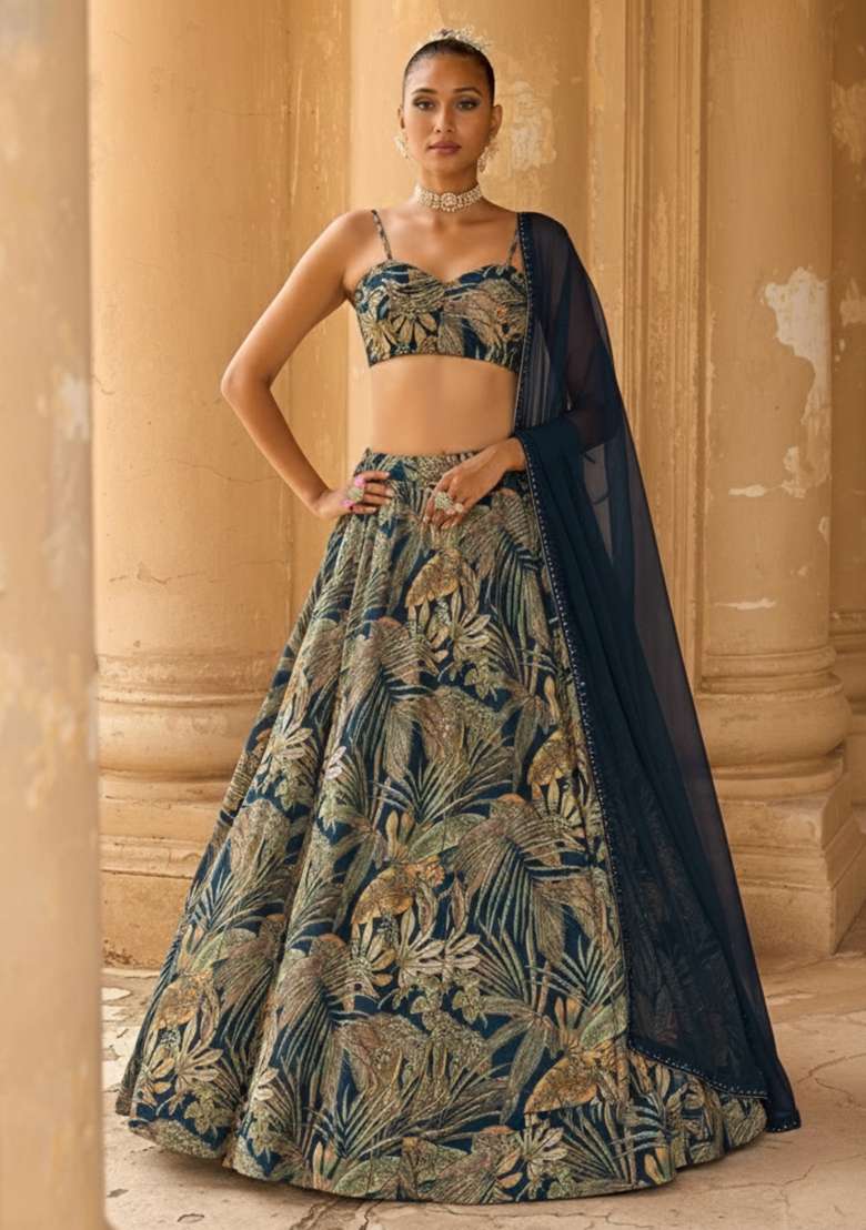 Navy Blue Floral Print Georgette Lehenga Set for Diwali and Festive Wear - Indya