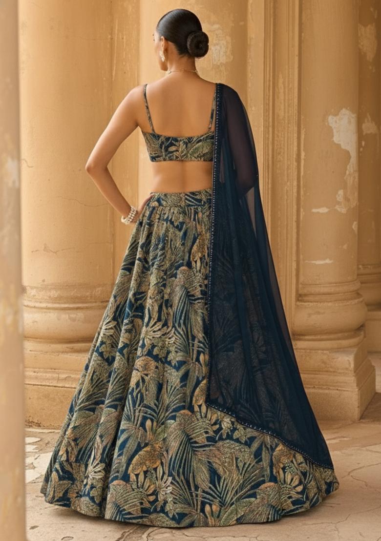 Navy Blue Floral Print Georgette Lehenga Set - Indya