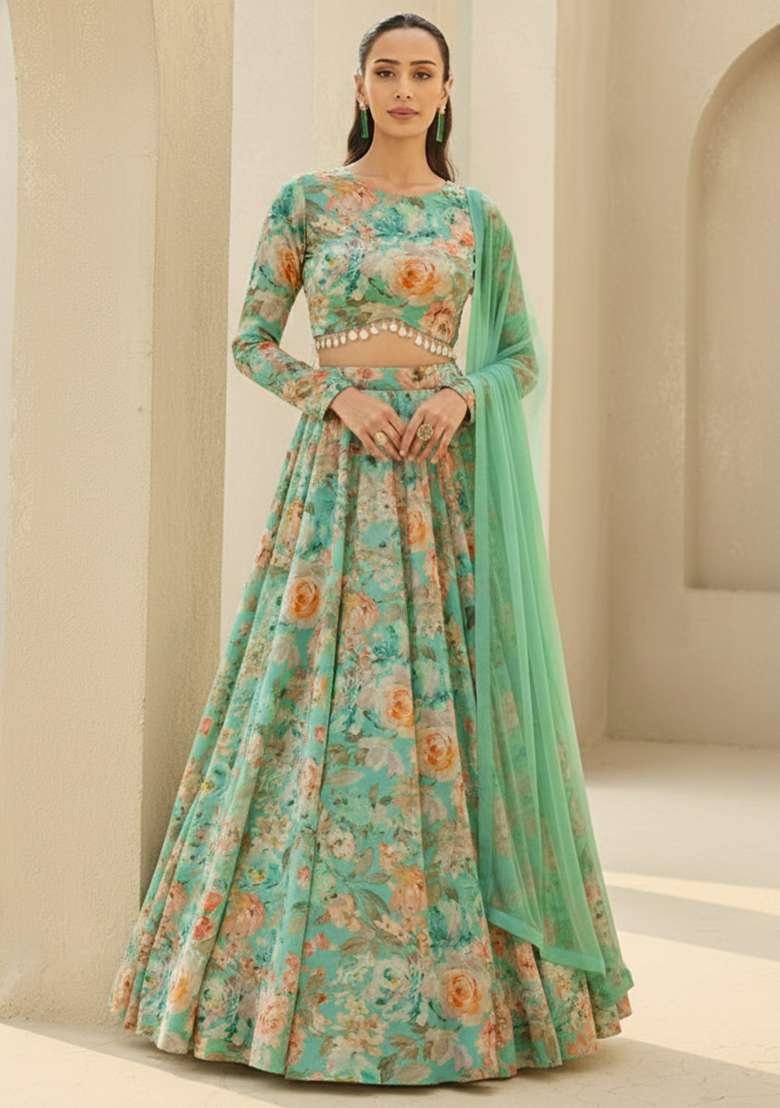 Mint Green Floral Print Georgette Lehenga Set - Indya