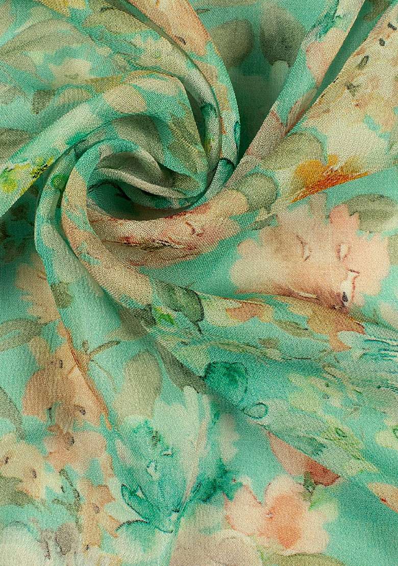 Mint Green Floral Print Georgette Lehenga Set - Indya
