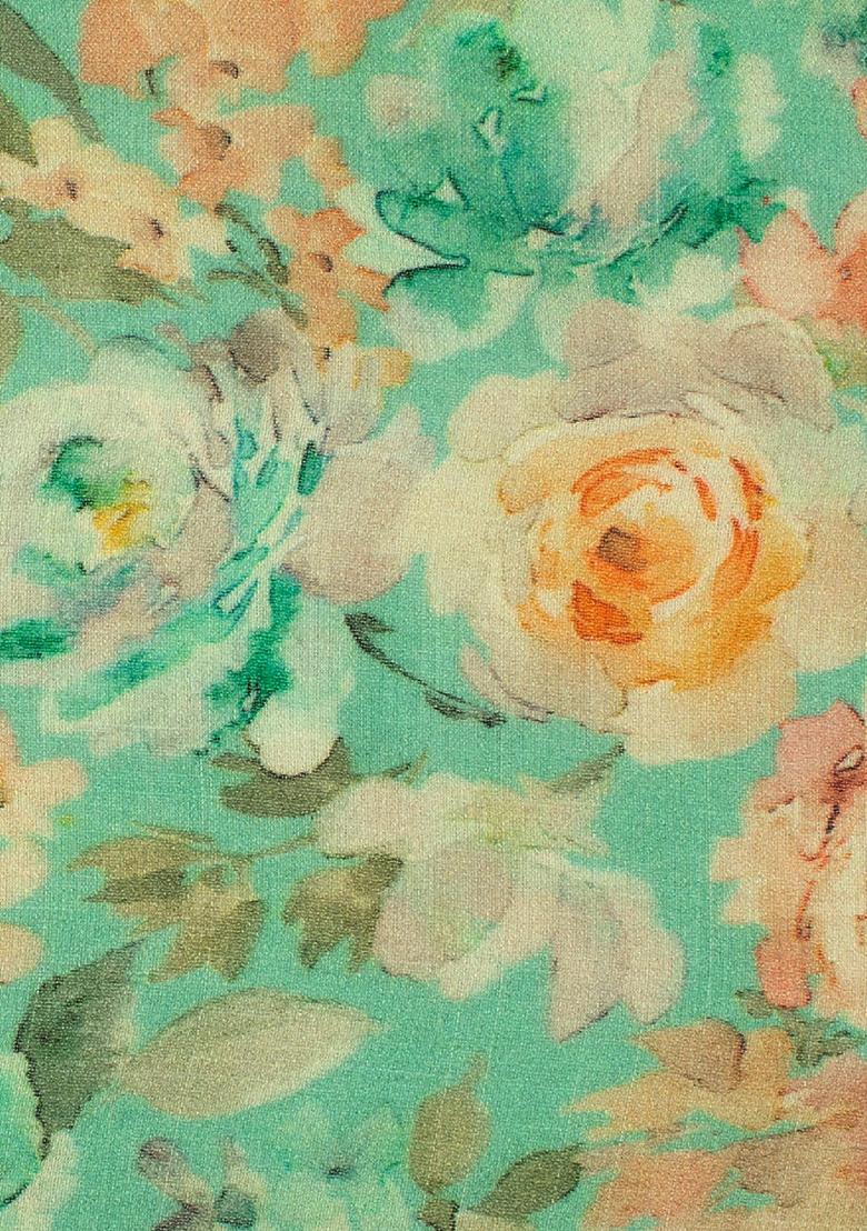 Mint Green Floral Print Georgette Lehenga Set - Indya