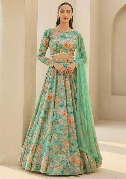 Mint Green Floral Print Georgette Lehenga Set