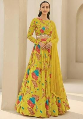 Mustard Yellow Floral Print Georgette Lehenga Set