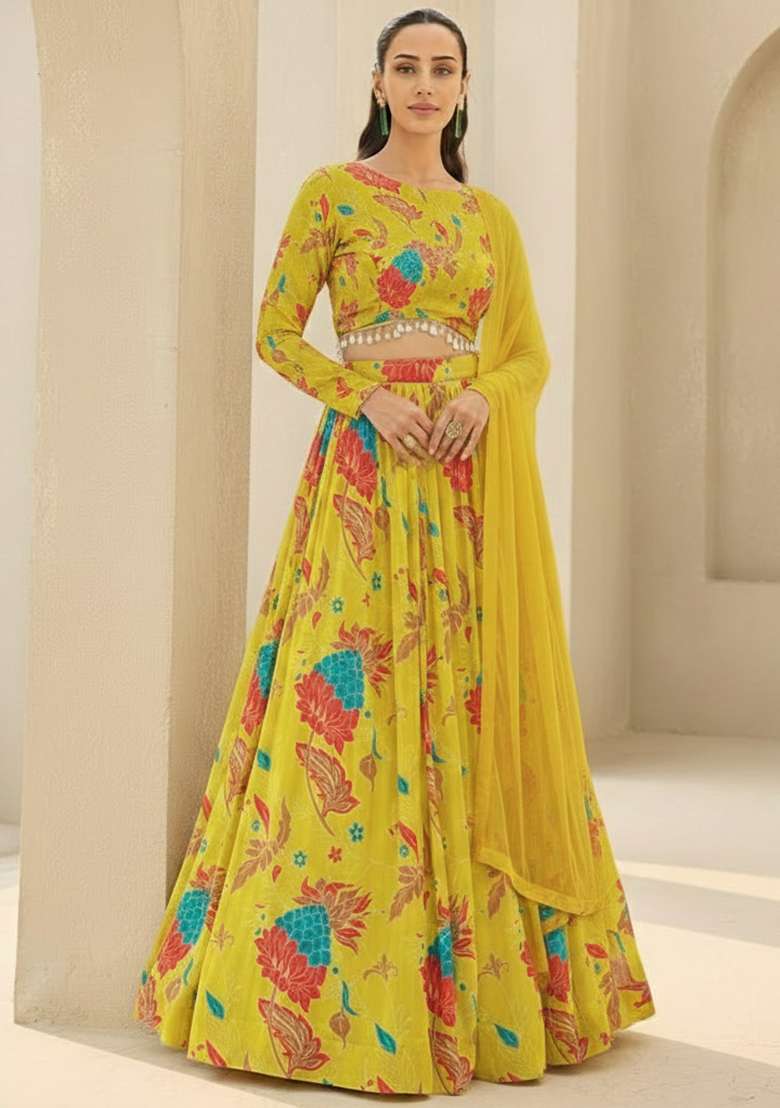 Mustard Yellow Floral Print Georgette Lehenga Set - Indya