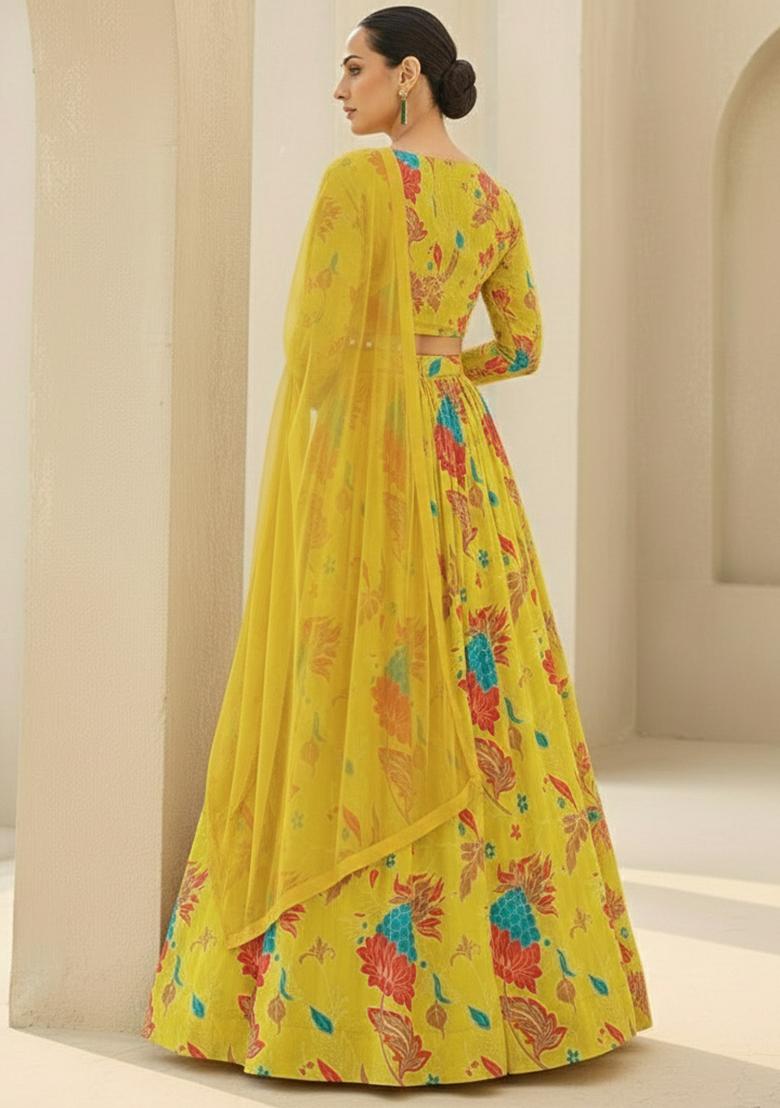 Mustard Yellow Floral Print Georgette Lehenga Set - Indya
