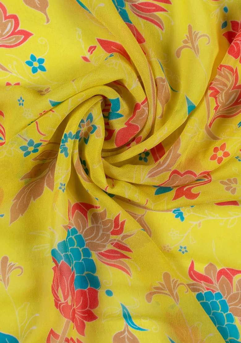Mustard Yellow Floral Print Georgette Lehenga Set - Indya