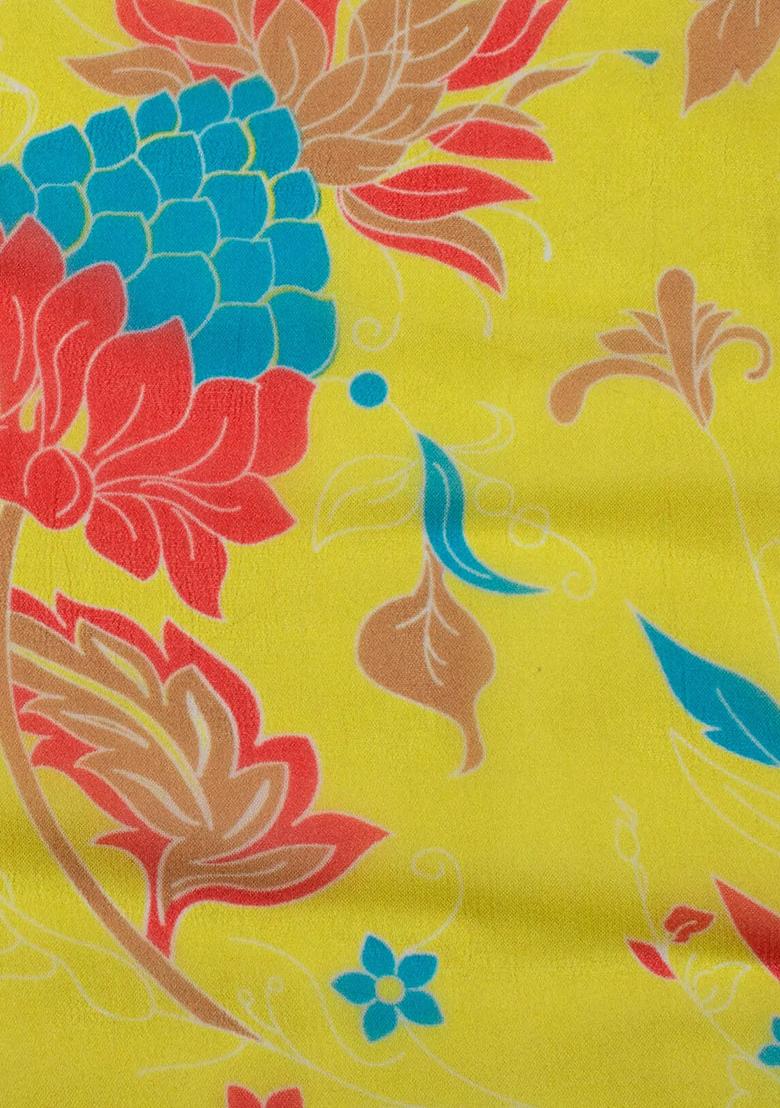 Mustard Yellow Floral Print Georgette Lehenga Set - Indya