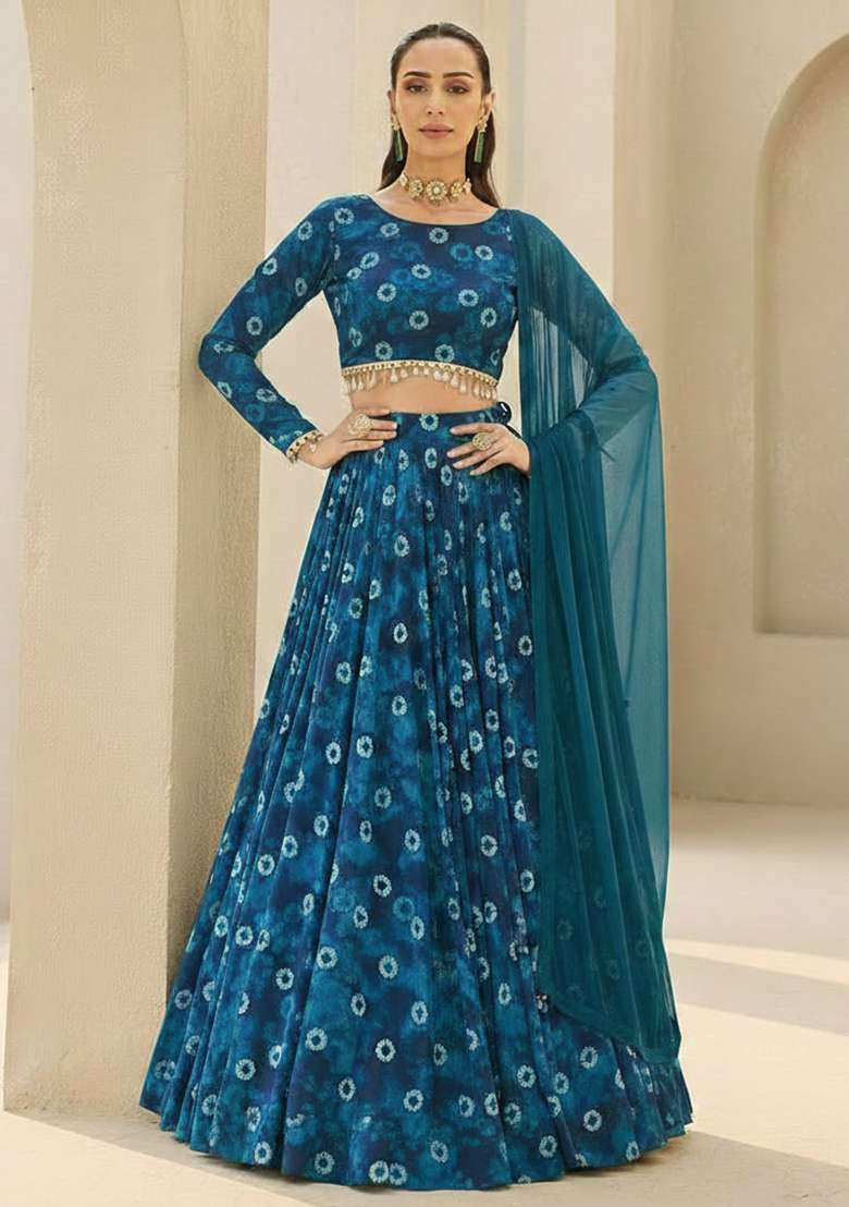 Deep Teal Floral Print Georgette Lehenga Set - Indya
