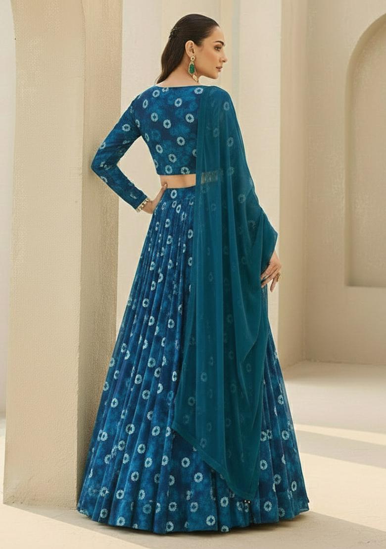 Deep Teal Floral Print Georgette Lehenga Set - Indya