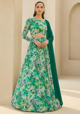 Green Floral Print Georgette Lehenga Set
