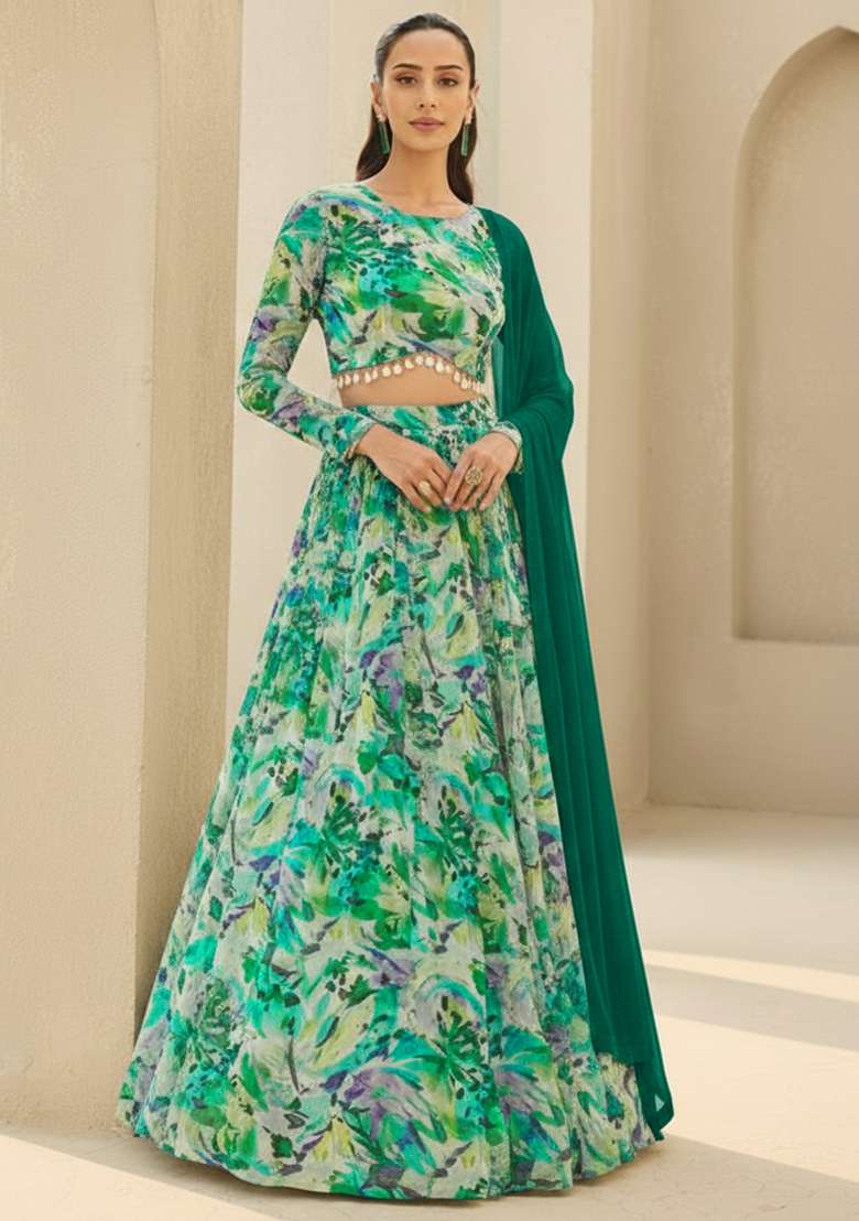 Green Floral Print Georgette Lehenga Set - Indya