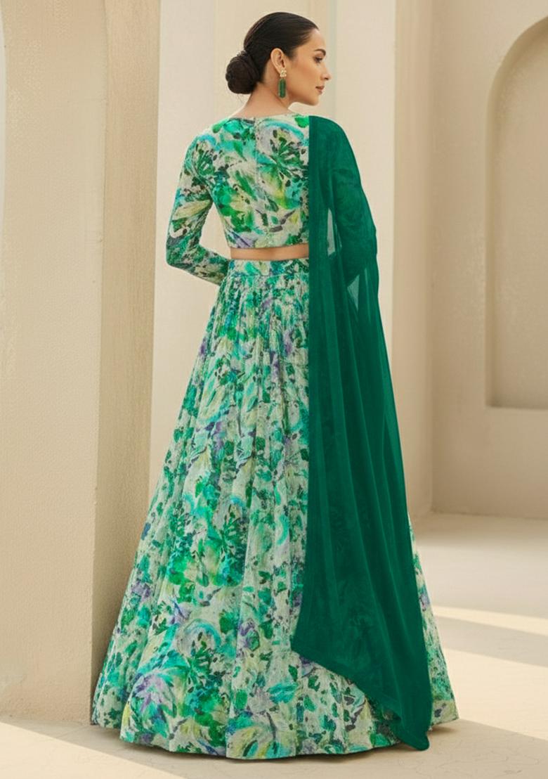 Green Floral Print Georgette Lehenga Set - Indya