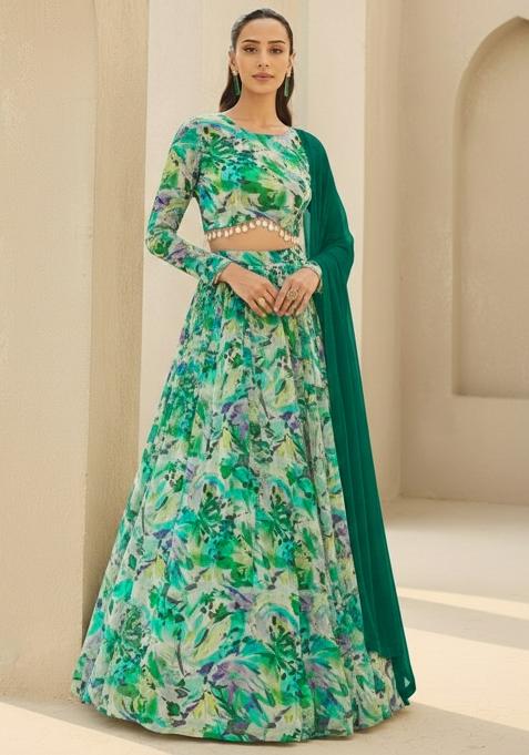 Green Floral Print Georgette Lehenga Set