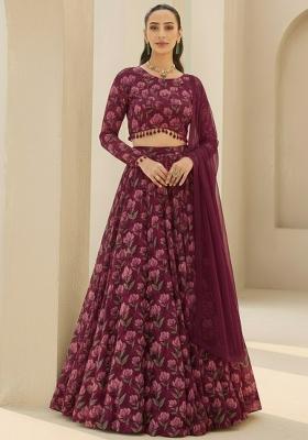 Wine Floral Print  Lehenga Set