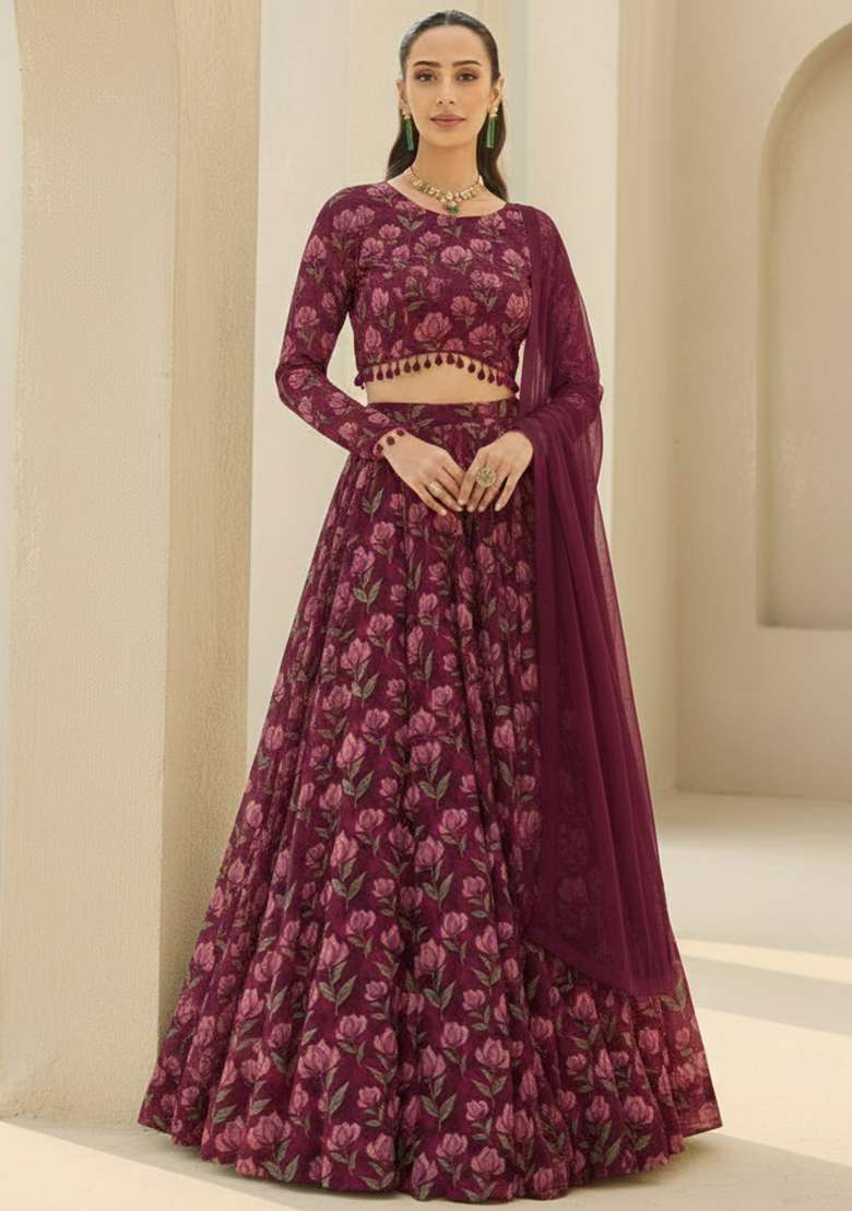 Wine Floral Print  Lehenga Set - Indya