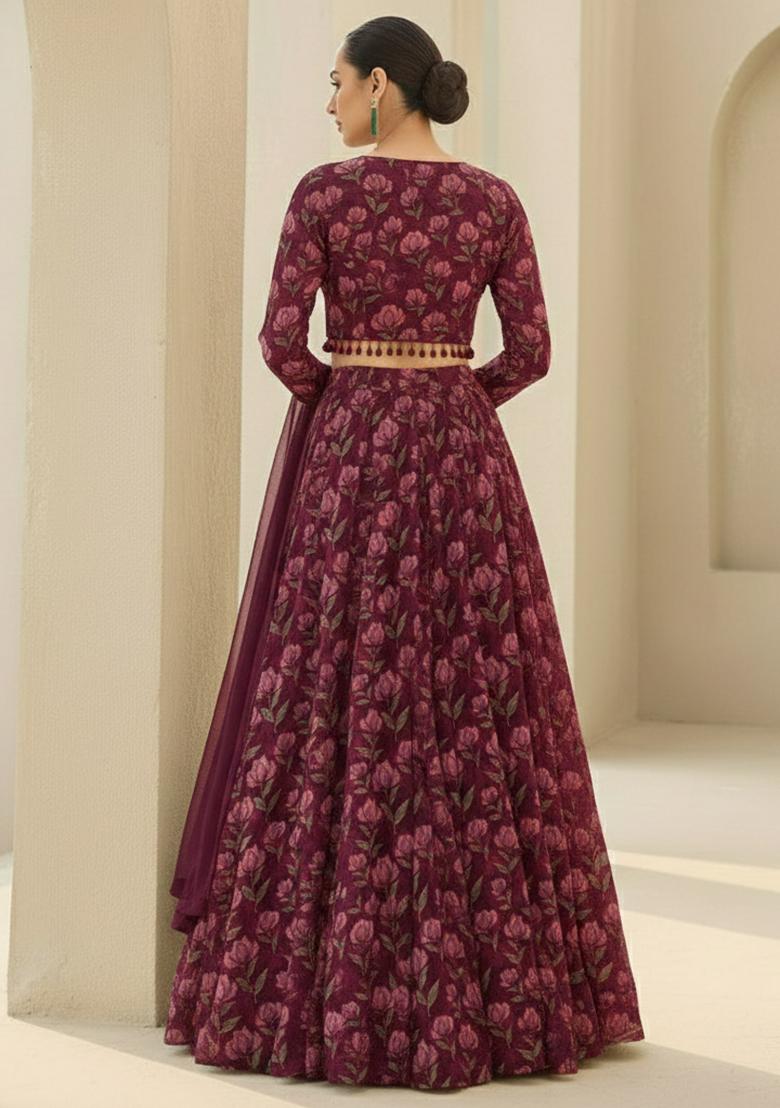 Wine Floral Print  Lehenga Set - Indya