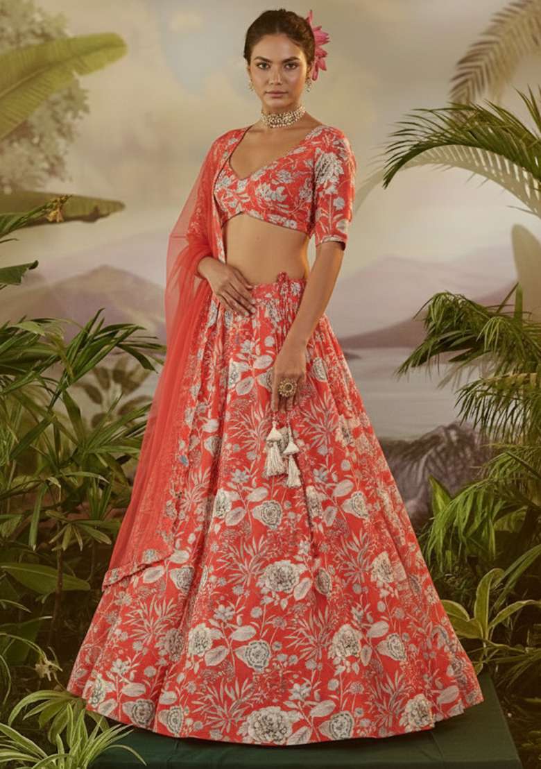 Pink Floral Print  Lehenga Set - Indya