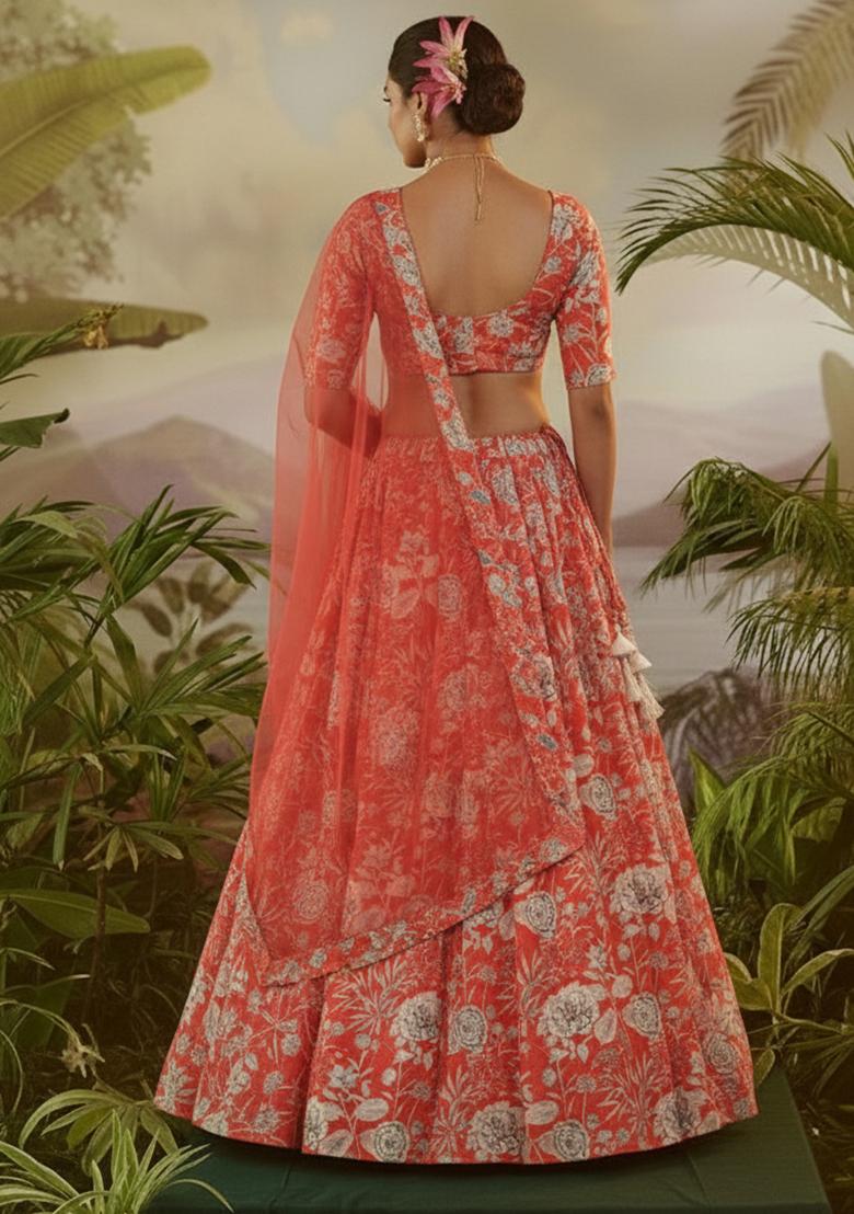 Pink Floral Print  Lehenga Set - Indya