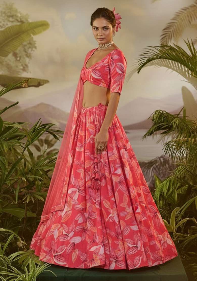 Peach Floral Print  Lehenga Set - Indya