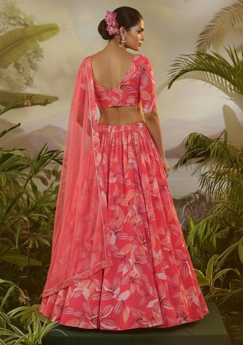 Peach Floral Print  Lehenga Set - Indya
