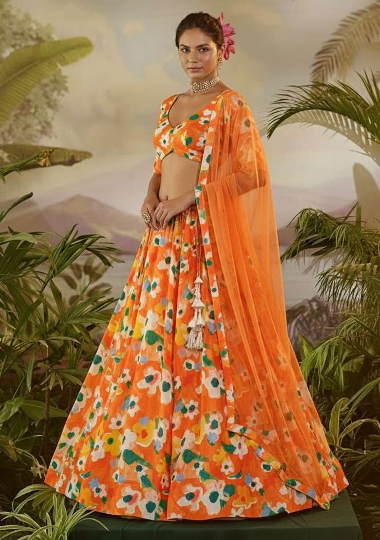 Orange Floral Print  Lehenga Set - Indya