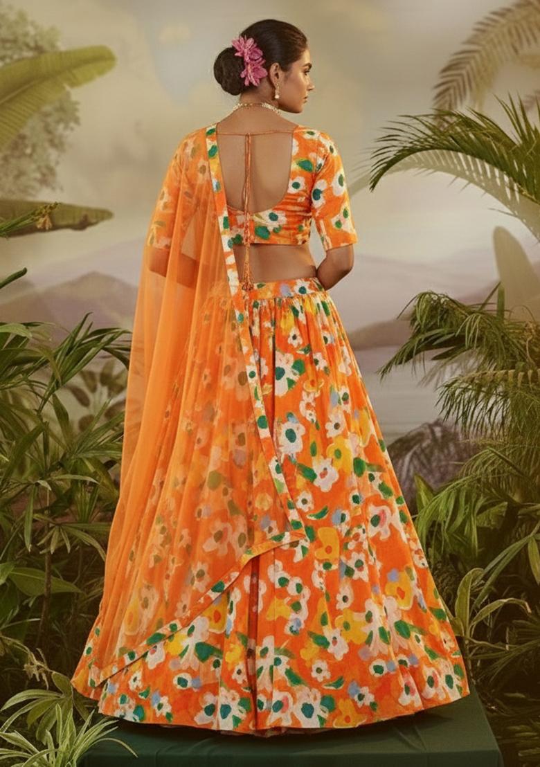 Orange Floral Print  Lehenga Set - Indya